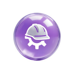 Fototapeta premium Purple glowing sphere featuring a white icon of a cogwheel supporting a protective hard hat representing the engineering construction and industrial sectors