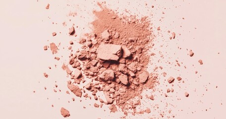 Crushed blush powder scattered on a light pink background