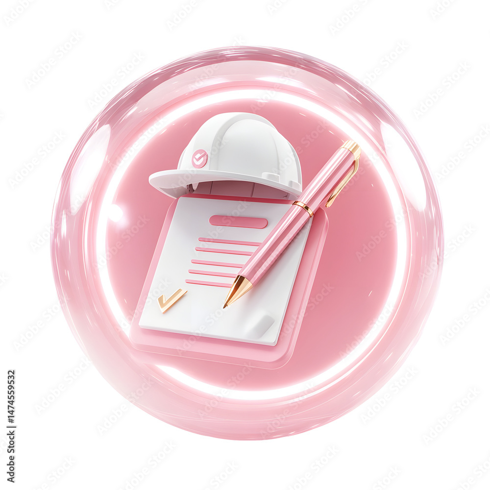 Poster a pink glowing circular bubble contains an icon representing construction paperwork including a hard