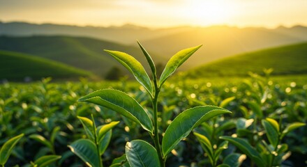 Fototapeta premium Close-up of Tea Plant Leaves in Field at Sunrise
