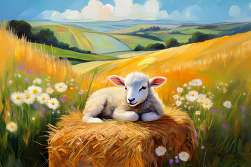 Painting image of lamb lying on bale of hay near wildflowers in meadow field against backdrop of rolling hills landscape in summertime