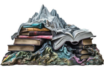 A sculpted mountain of books, pages spilling over aged volumes