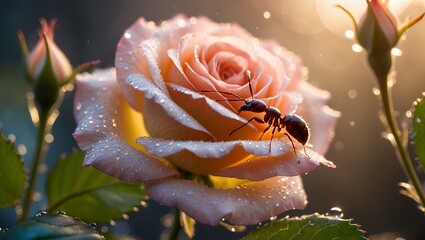 Ant Walking on Rose Petal Covered in Dewdrops in Sunlight