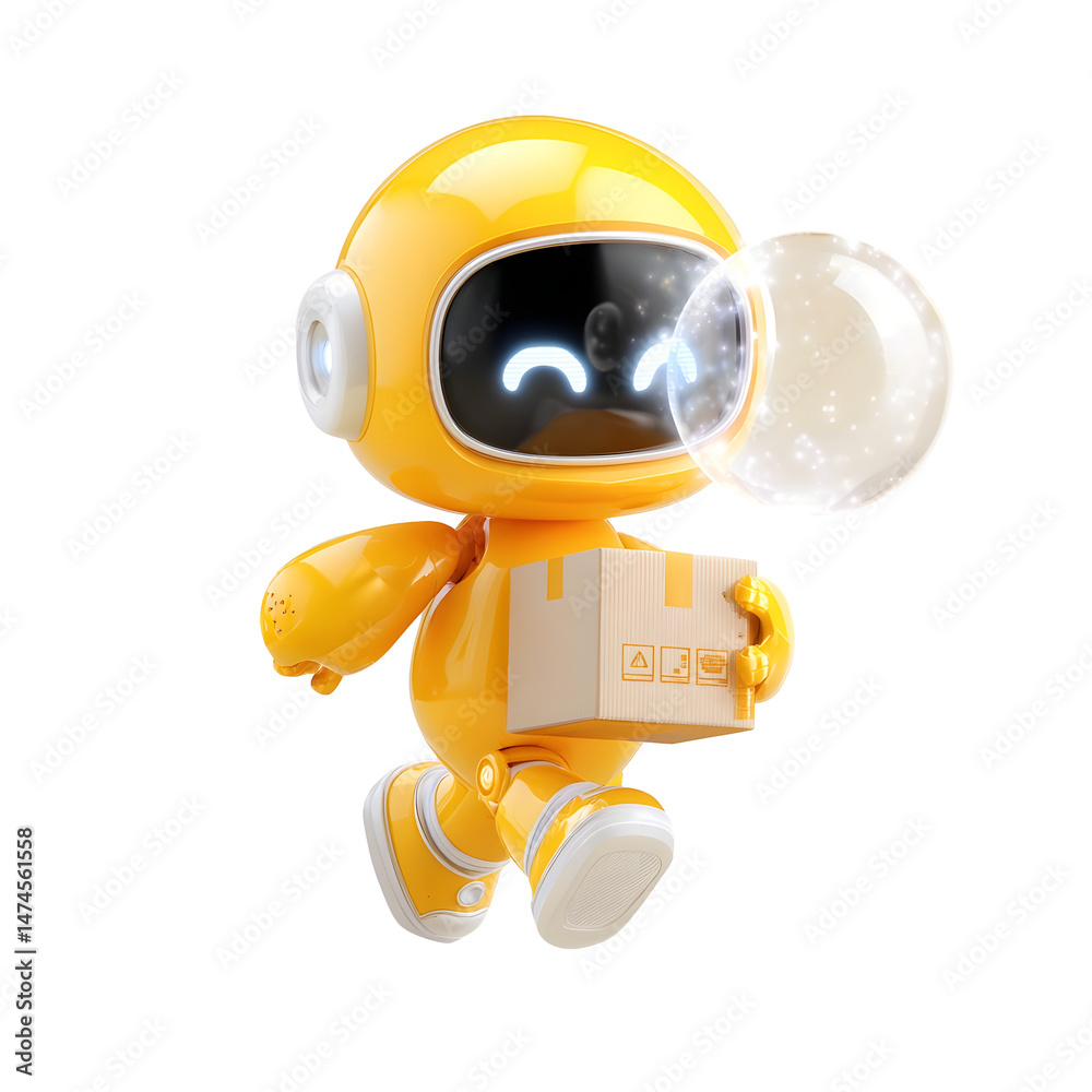 Poster A sleek glowing yellow robot sphere with a transparent glass body minimally designed to handle automated package delivery and transportation tasks