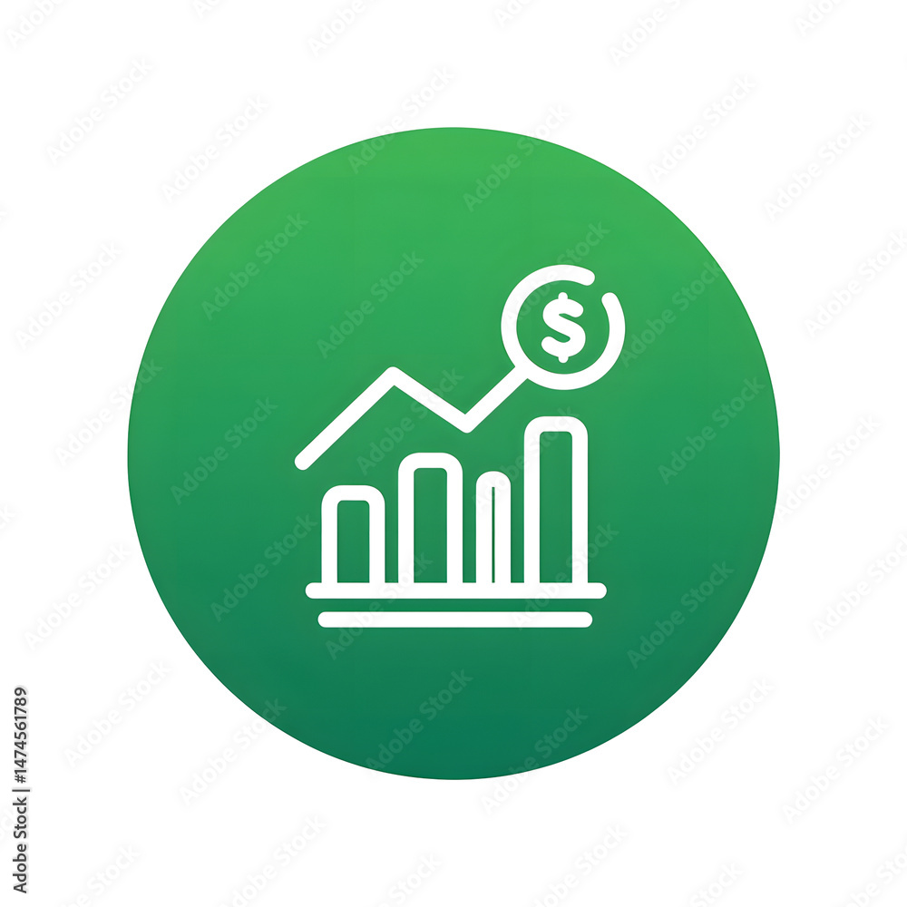 Poster Minimalist green circular icon displaying a rising bar chart with a dollar symbol representing financial growth profit and investment performance analytics