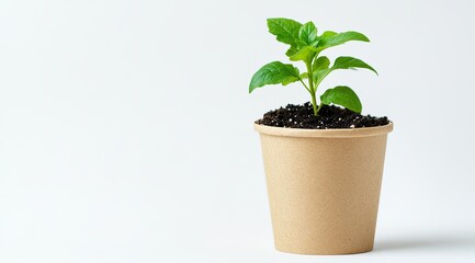 A small green plant sprouts from dark soil in a light brown biodegradable pot against a white background
