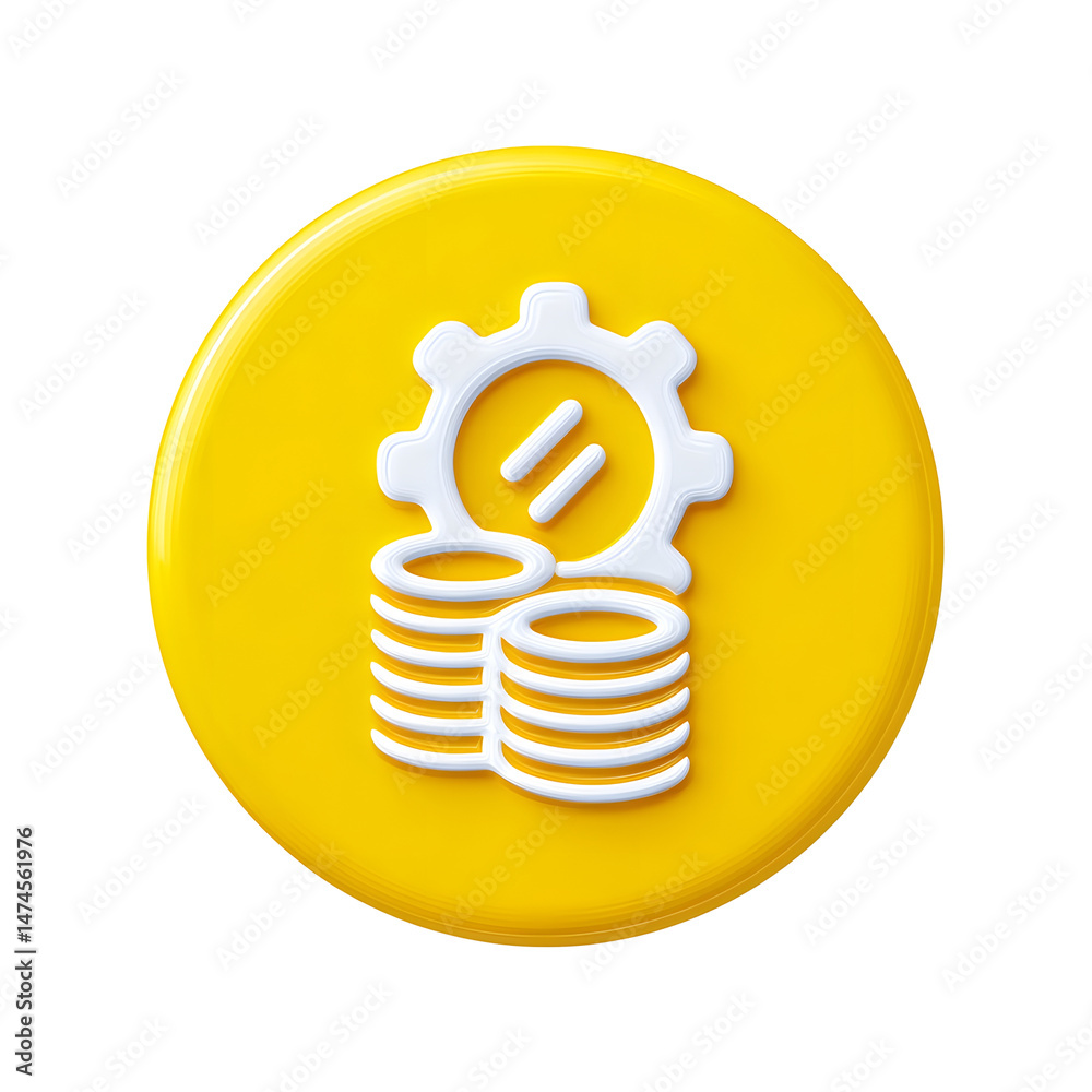 Aufkleber abstract yellow circular button with a white industrial cost icon gear and stacked coins representin