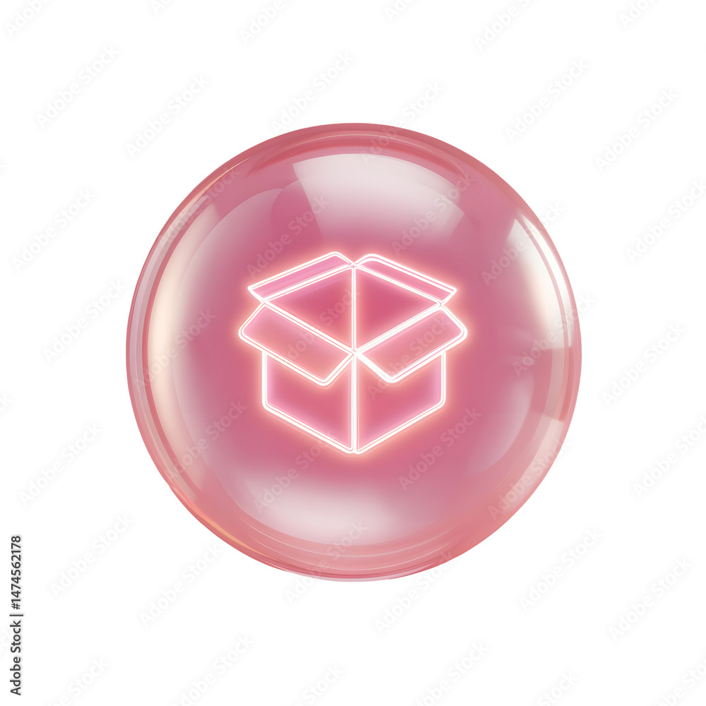 Poster minimalist glowing pink bubble containing a white neon icon of an open packaging box representing de