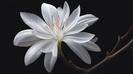 A strikingly beautiful digital painting portrays a pristine white magnolia flower in full bloom, elegantly presented against a minimalist dark background for emphasis.