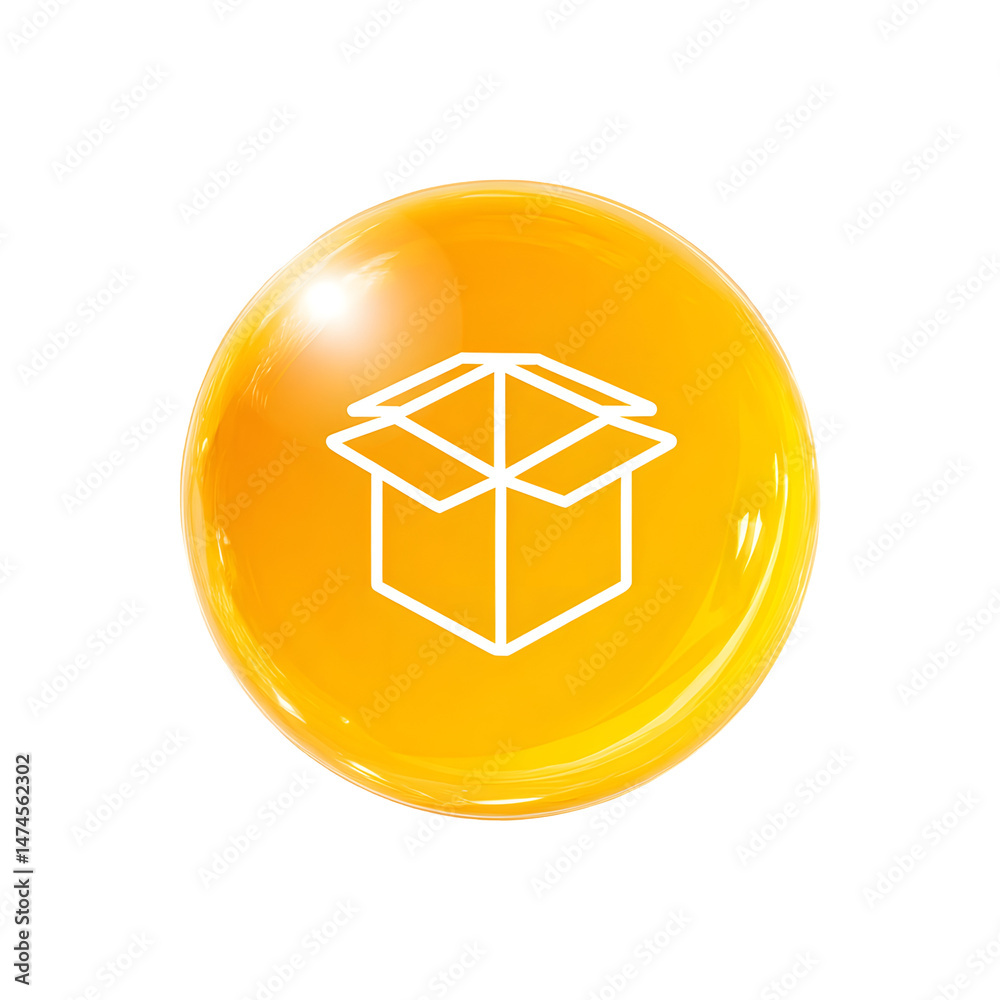 Poster Bright yellow circular bubble with a glowing white open box icon featuring simple geometric lines and a clean minimal design against a white background