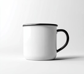 White enamel mug with black rim and handle