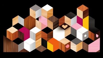 Obraz premium Abstract Geometric Composition with Colorful Shapes and Wood Textures on Black Background