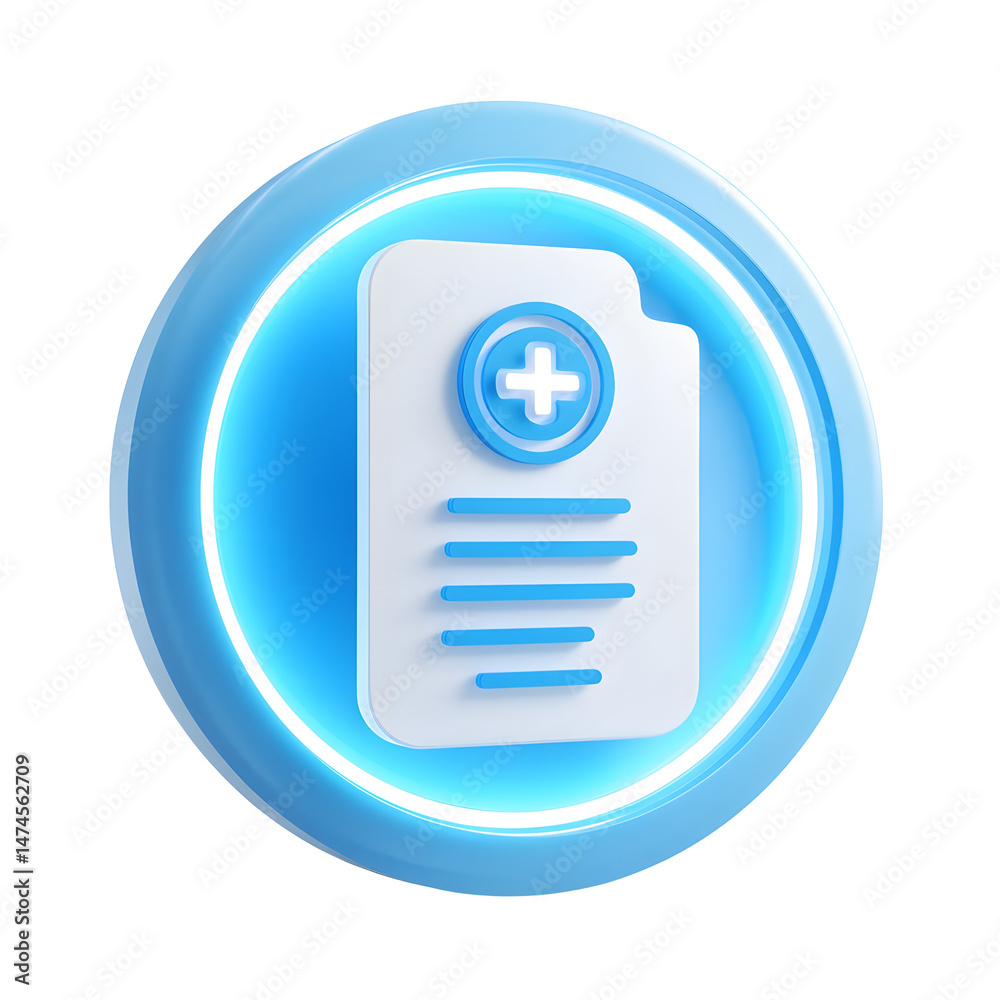 Poster a clean modern 3d icon depicting an insurance or medical document with a glowing health symbol insid