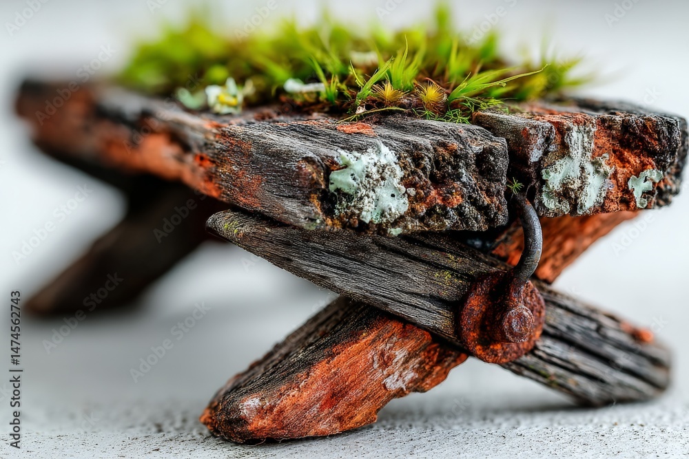 Poster Detailed view of rustic wooden bench with moss and weathered texture in natural setting