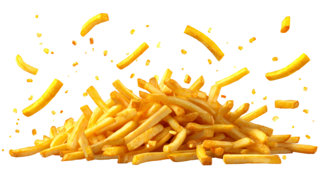 Crispy golden french fries flying with a transparent background