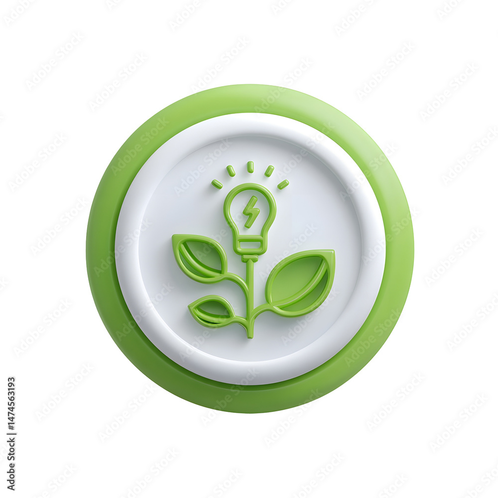 Aufkleber minimalist 3d icon depicting a green circular bubble with a lightbulb symbol growing from leaves rep