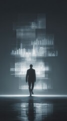 Digital Businessman Persona Emerging from Tablet Screen in Spotlight Business Audience Analysis Concept