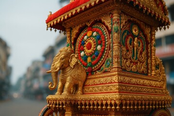 Obraz premium Golden elephant statue adorning a colorful, ornate temple chariot, showcasing the rich tradition of Indian craftsmanship and religious festivities