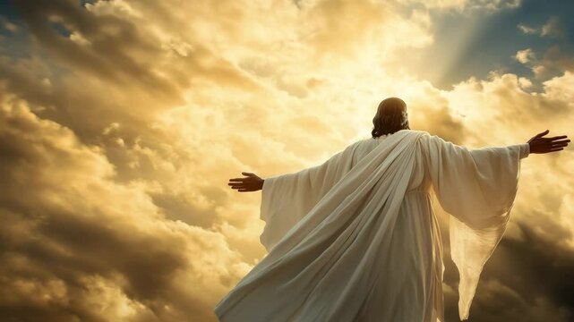A spiritual figure stands with arms outstretched against a backdrop of bright clouds at dawn, illuminated by golden light