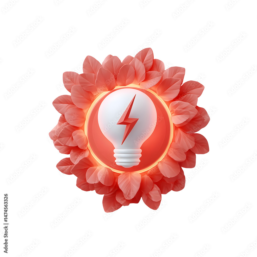 Aufkleber Minimalist 3D image of a red circular bubble with a white light bulb and lightning bolt icon rising from a cluster of leaves with a soft glowing effect on a white background
