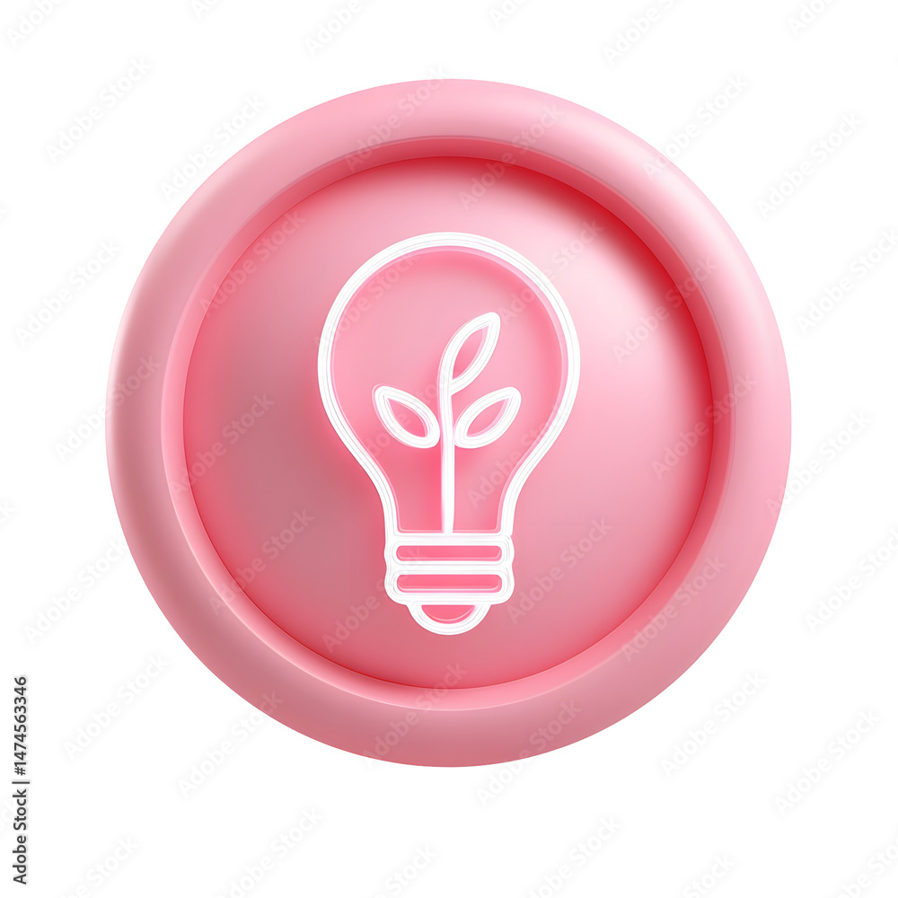 Poster minimalist 3d icon depicting a glowing light bulb with a plant element representing eco friendly and