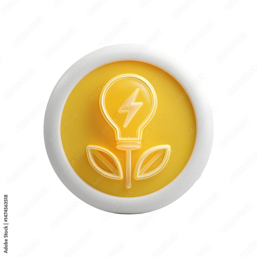 Poster minimalist 3d icon depicting a glowing white lightbulb with a bolt symbol set against a yellow circu
