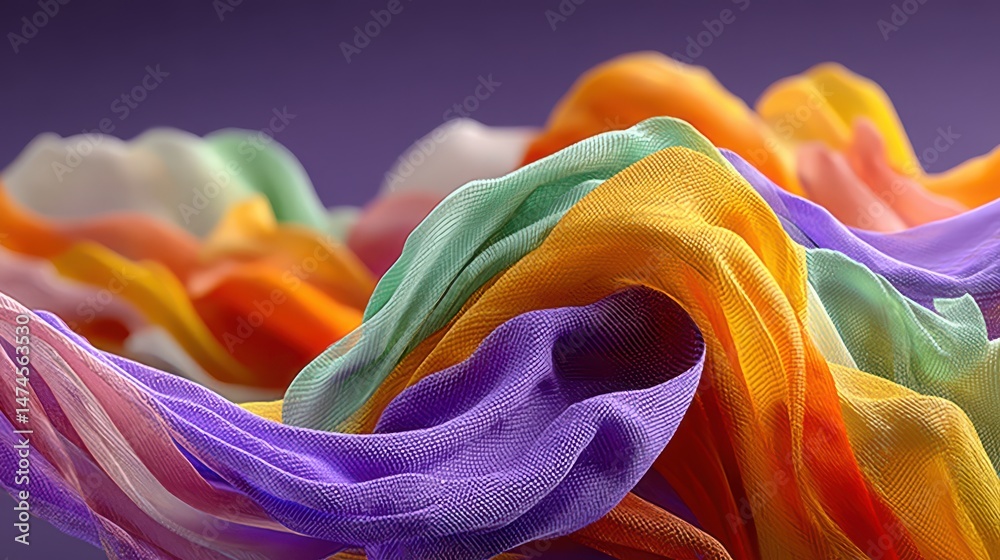 Poster colorful cloth shape flying on purple background 3d animation.stock image
