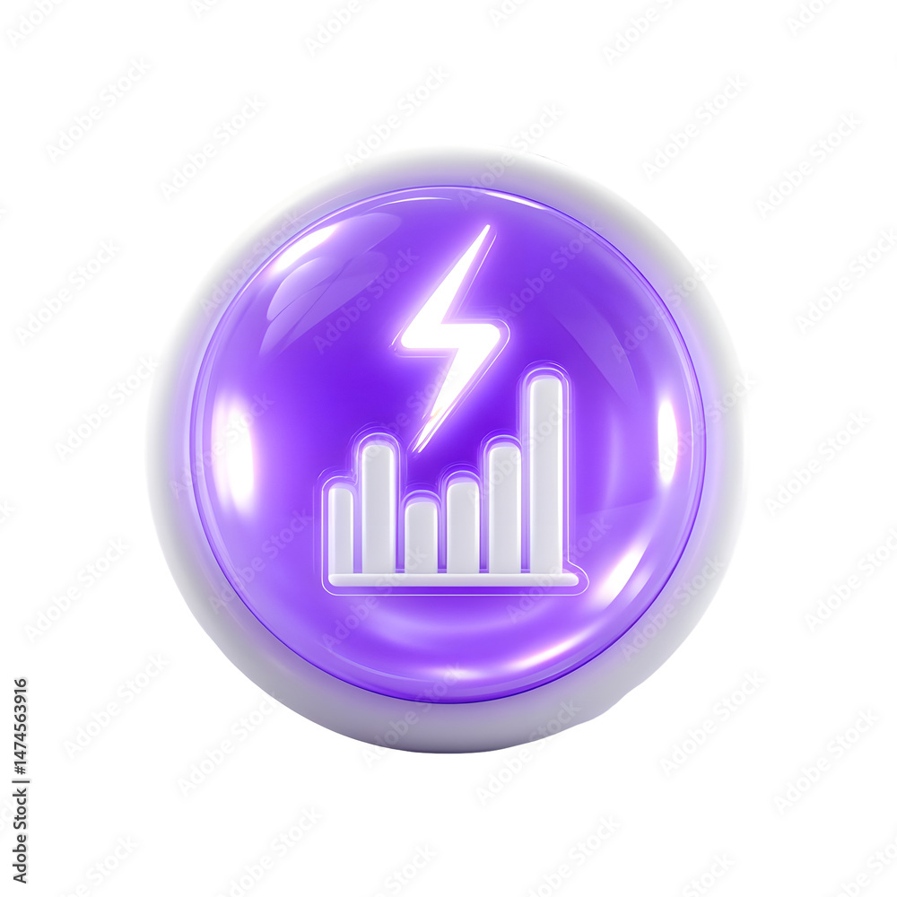 Poster A sleek futuristic looking 3D icon depicting a glowing data chart with a lightning bolt effect encased in a vibrant purple bubble for a modern high tech aesthetic