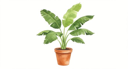 Fototapeta premium Watercolor painting of a lush tropical plant with vibrant green leaves in a terracotta pot, isolated against a plain background.