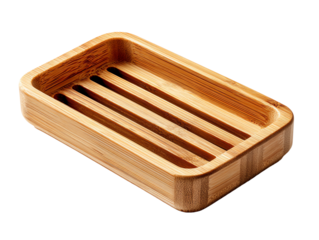 Bamboo soap dish with slotted design, white isolate background