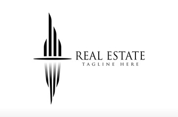 Real Estate Building With Reflecting Sea View Logo, modern building logo, modern real estate logo, minimal trendy tower design river sea wave Vector Icon Symbol Silhouette Illustration brand business