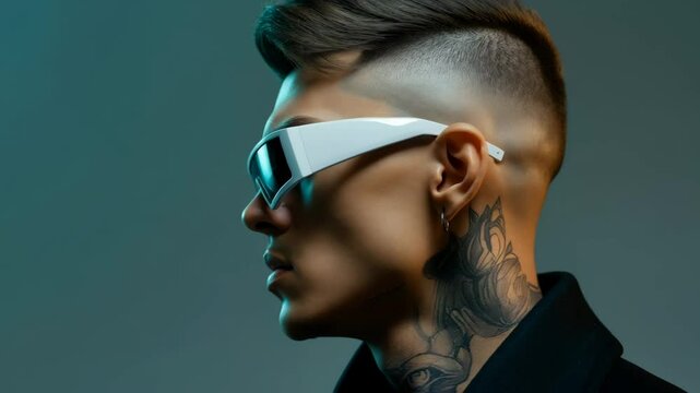 Futuristic fashion: cool guy with sunglasses and tattoos in stylish portrait sequence