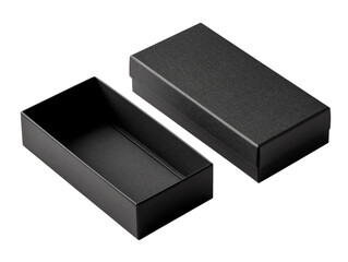 Black open box with lid on a white isolated background.