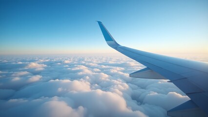 Obraz premium Airliner cruising at high altitude, passenger view, bright sky, cloud layer, commercial flight