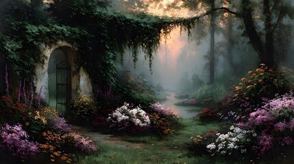 Obraz premium Enchanting Twilight Garden Scene with Pastel Flowers, Dew-Kissed Petals, and Ivy Over a Quaint Archway Bathed in Golden Light