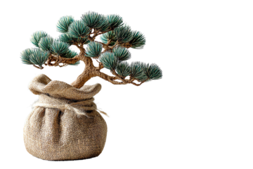 Bonsai tree in burlap sack on a white isolated background.