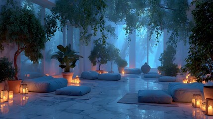 An immersive indoor sanctuary retreat designed for mental wellness and serene meditation with ambient lighting and tranquil decor