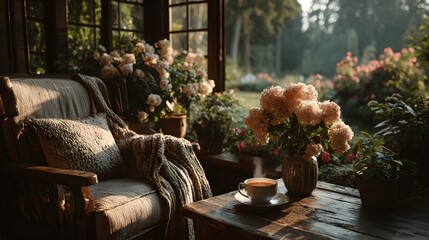 A Serene Indoor Oasis: A Vibrant Room with a Cozy Armchair, Warm Blanket, and Tea with a Garden View