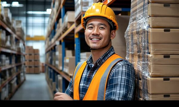 Warehouse worker smiling in a distribution center