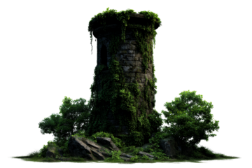 Ancient stone tower overgrown with lush greenery during daylight