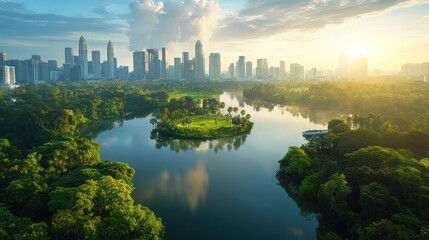 Obraz premium Urban park meets cityscape at sunrise