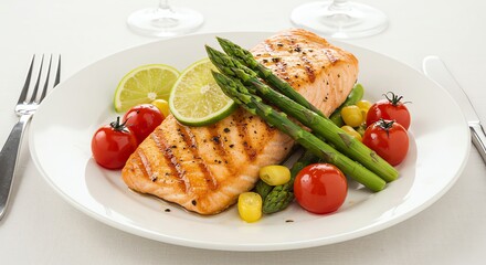 Salmon with Asparagus and Tomatoes on Plate