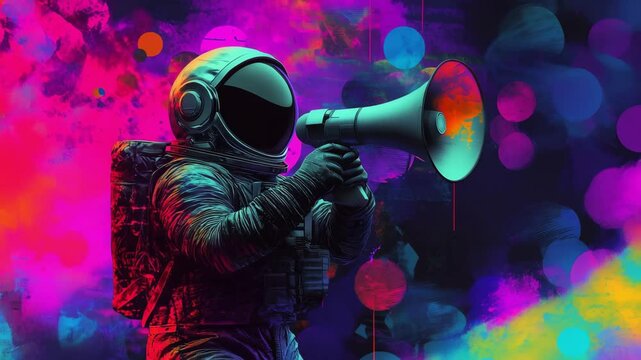 An astronaut uses a megaphone to communicate in a colorful cosmic setting filled with abstract patterns and vibrant hues