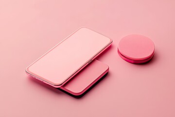 Pink phone & compact on pink background