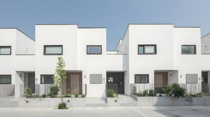 Minimalist white row houses with square windows under clear blue sky day light