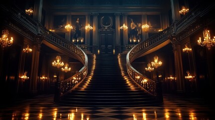 Grand, dark, winding staircase in a grand hall, lit by candlelight