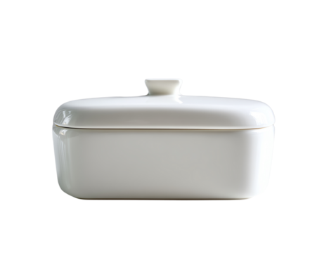Ceramic butter dish with lid, white isolate background.