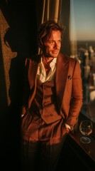 Obraz premium Stylish man in a brown suit by window