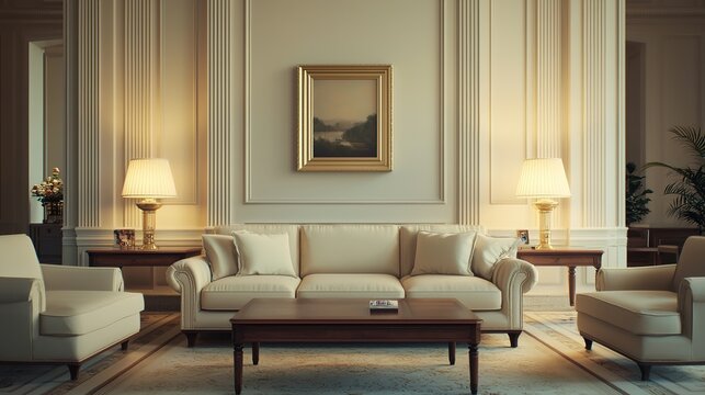Elegant neoclassical living room design luxurious setting interior decor sophisticated ambiance artistic detail