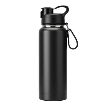 Matte black metal water bottle with carabiner clip on black background with black cap